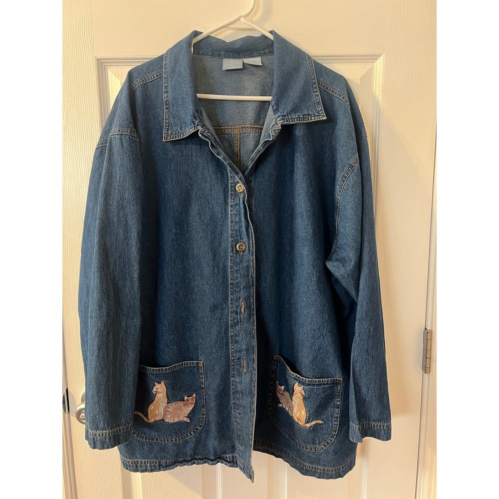 Vintage Denim Embroidered Cat Button Down